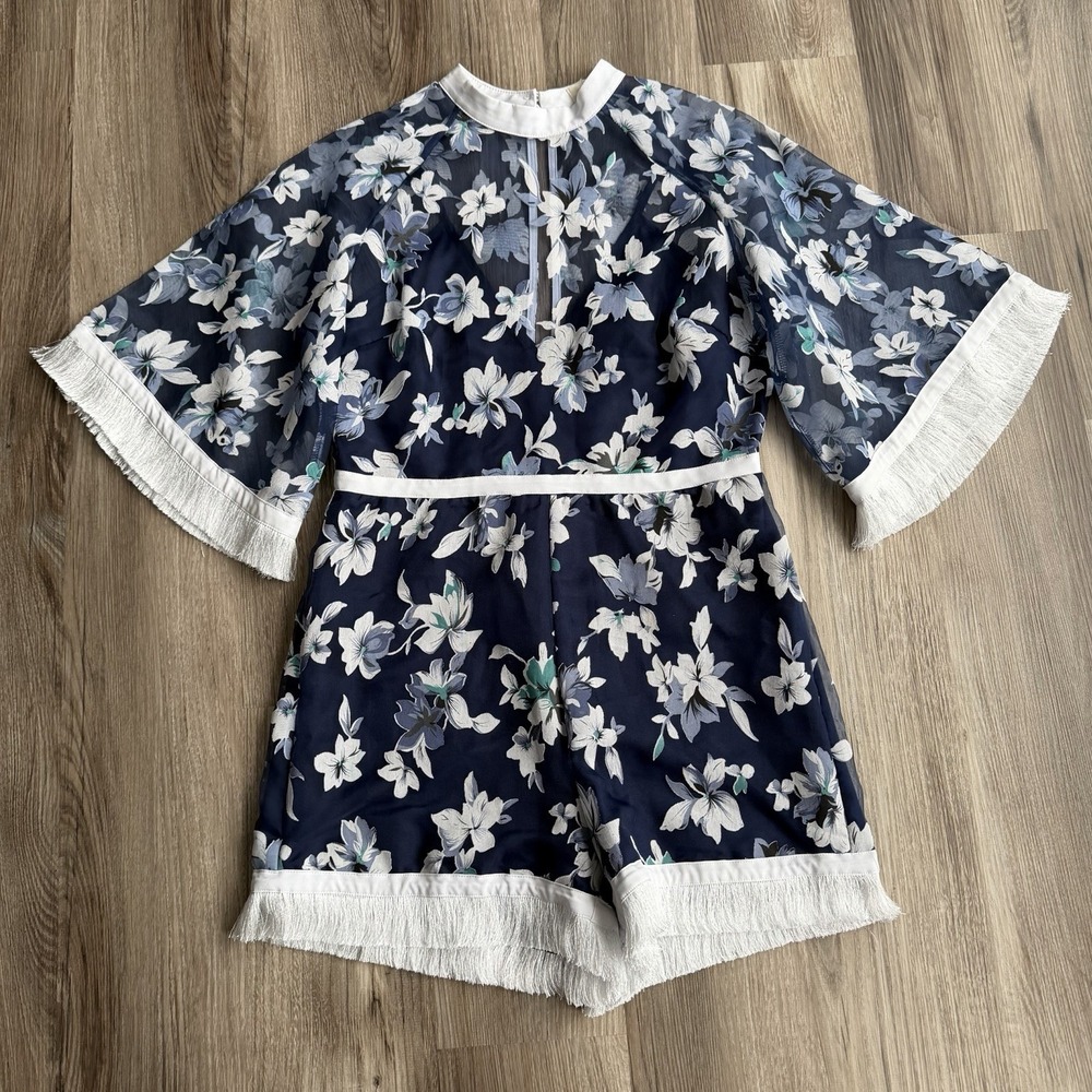 Tea‎ & Cup Mesh High Neck Sheer Blue Floral 3/4 Sleeve Romper Japanese Asian M